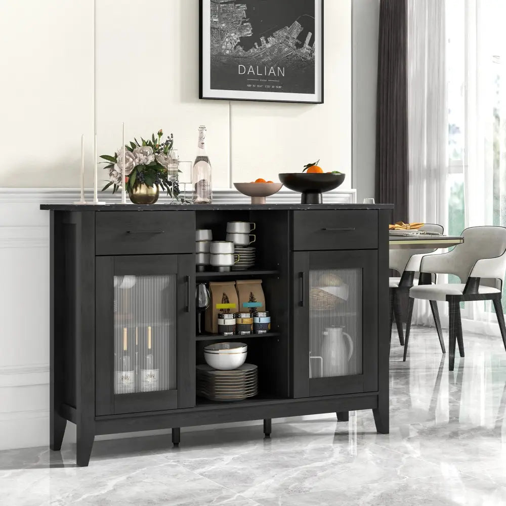 Sideboard Buffet Cabinet with 2 Drawers and 4 Adjustable Shelves-Black - Black - Sideboards Cabinets & Buffets