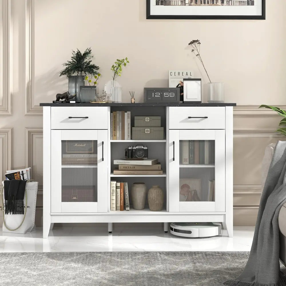 Sideboard Buffet Cabinet with 2 Drawers and 4 Adjustable Shelves-White - White - Sideboards Cabinets & Buffets