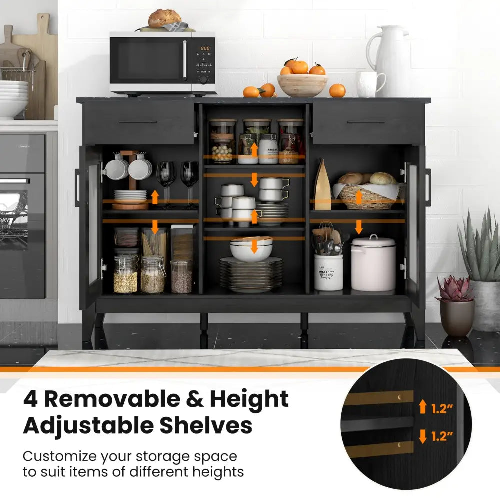 Sideboard Buffet Cabinet with 2 Drawers and 4 Adjustable Shelves-Black - Black - Sideboards Cabinets & Buffets