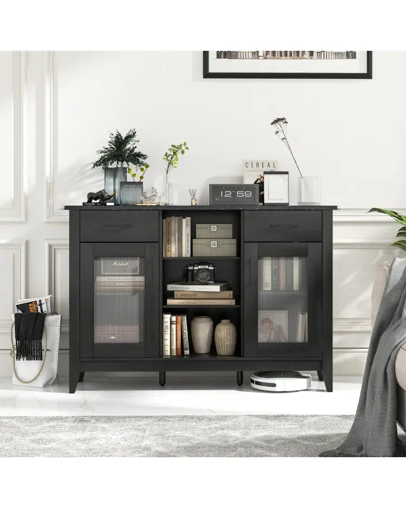 Sideboard Buffet Cabinet with 2 Drawers and 4 Adjustable Shelves-Black - Black - Sideboards Cabinets & Buffets