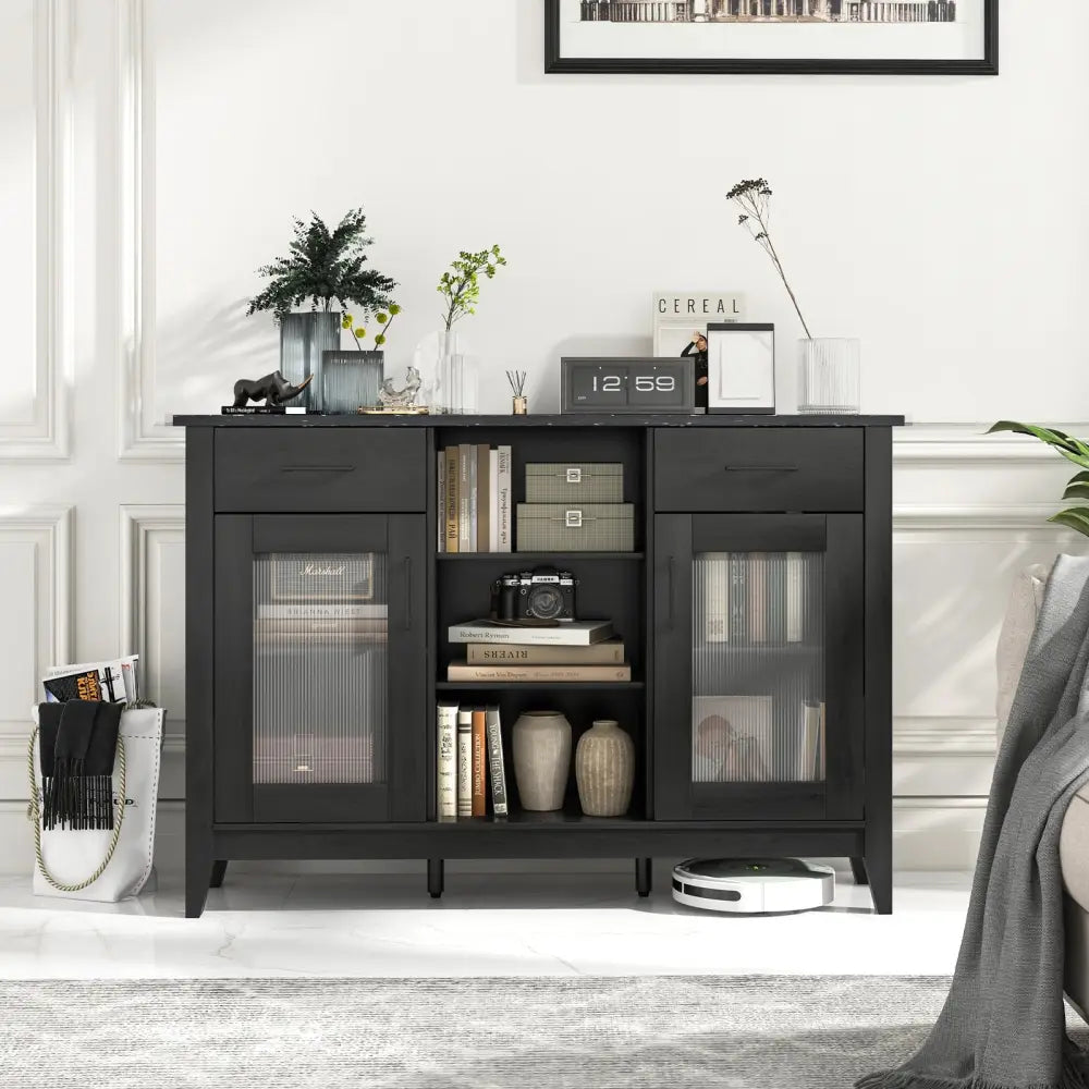 Sideboard Buffet Cabinet with 2 Drawers and 4 Adjustable Shelves-Black - Black - Sideboards Cabinets & Buffets