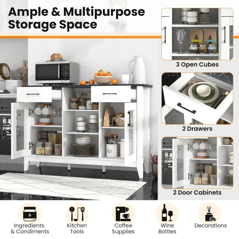 Sideboard Buffet Cabinet with 2 Drawers and 4 Adjustable Shelves-White - White - Sideboards Cabinets & Buffets