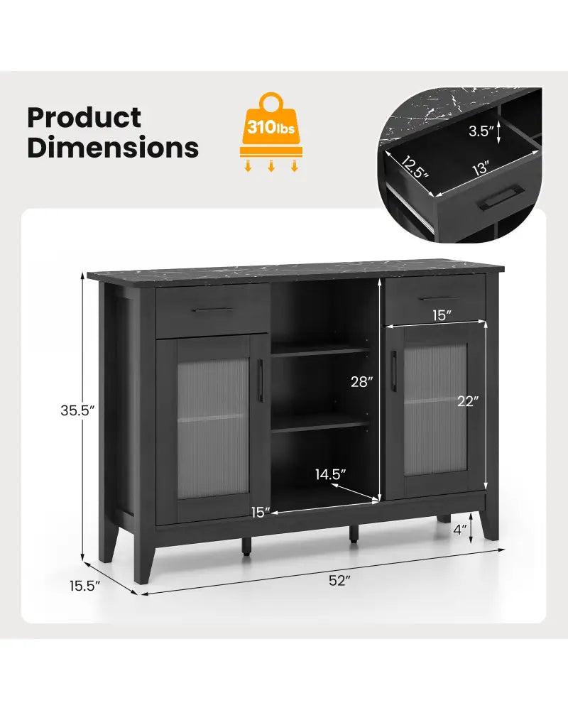 Sideboard Buffet Cabinet with 2 Drawers and 4 Adjustable Shelves-Black - Black - Sideboards Cabinets & Buffets