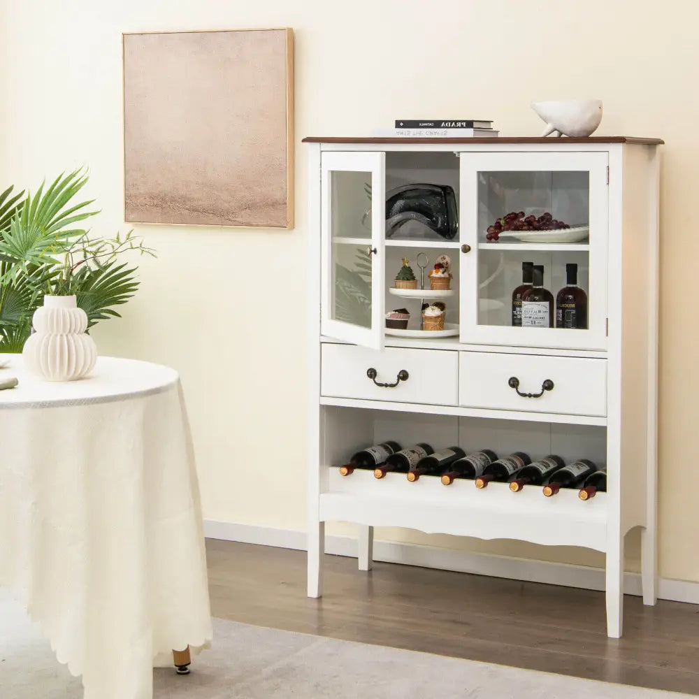 Sideboard Buffet Cabinet with 2 Tempered Glass Doors-White - White - Sideboards Cabinets & Buffets