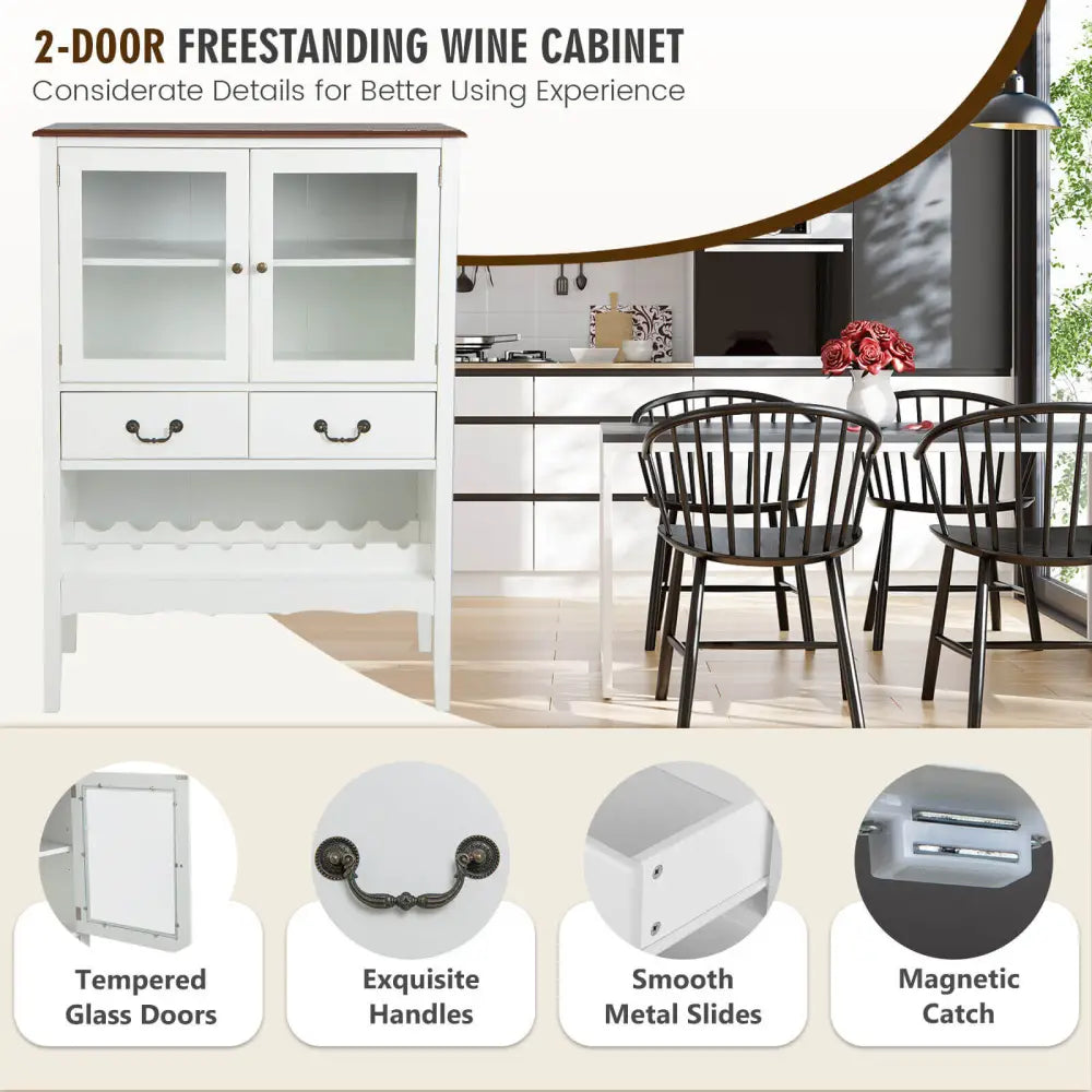 Sideboard Buffet Cabinet with 2 Tempered Glass Doors-White - White - Sideboards Cabinets & Buffets