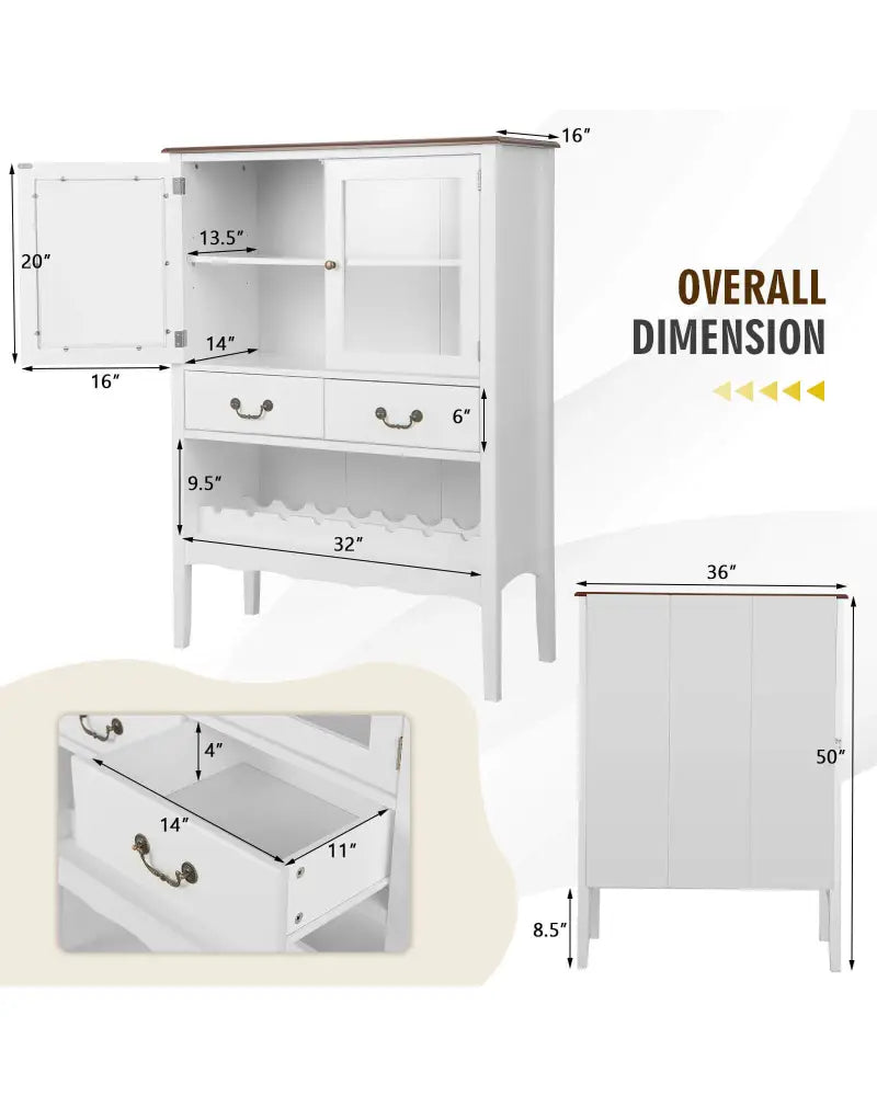 Sideboard Buffet Cabinet with 2 Tempered Glass Doors-White - White - Sideboards Cabinets & Buffets