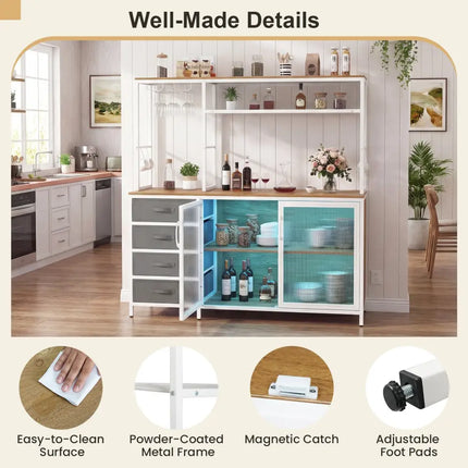 Sideboard Buffet Cabinet with LED Lights 55 inch Coffee Table with Power Outlets-Natural - Natural - Sideboards