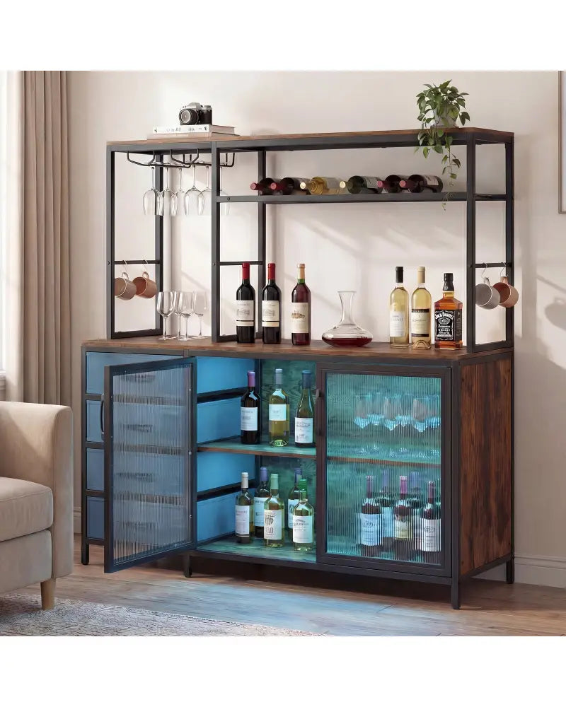 Sideboard Buffet Cabinet with LED Lights 55 inch Coffee Table with Power Outlets-Rustic Brown - Rustic Brown