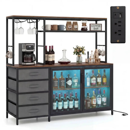 Sideboard Buffet Cabinet with LED Lights 55 inch Coffee Table with Power Outlets-Rustic Brown - Rustic Brown