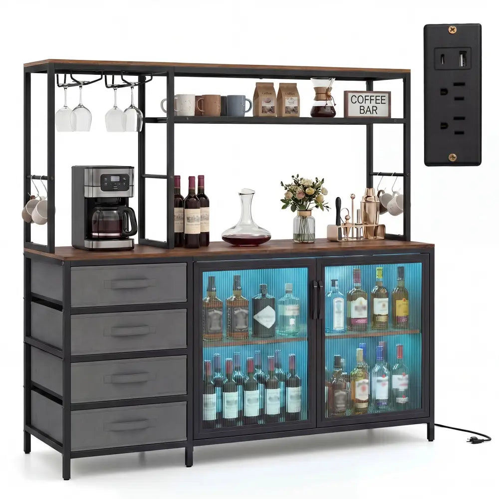 Sideboard Buffet Cabinet with LED Lights 55 inch Coffee Table with Power Outlets-Rustic Brown - Rustic Brown