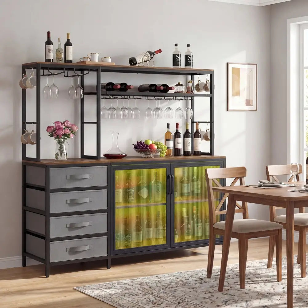 Sideboard Buffet Cabinet with LED Lights 55 inch Coffee Table with Power Outlets-Rustic Brown - Rustic Brown