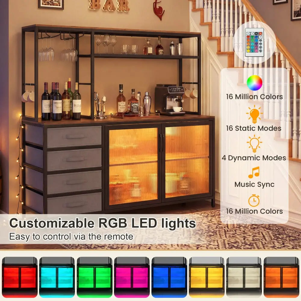 Sideboard Buffet Cabinet with LED Lights 55 inch Coffee Table with Power Outlets-Rustic Brown - Rustic Brown