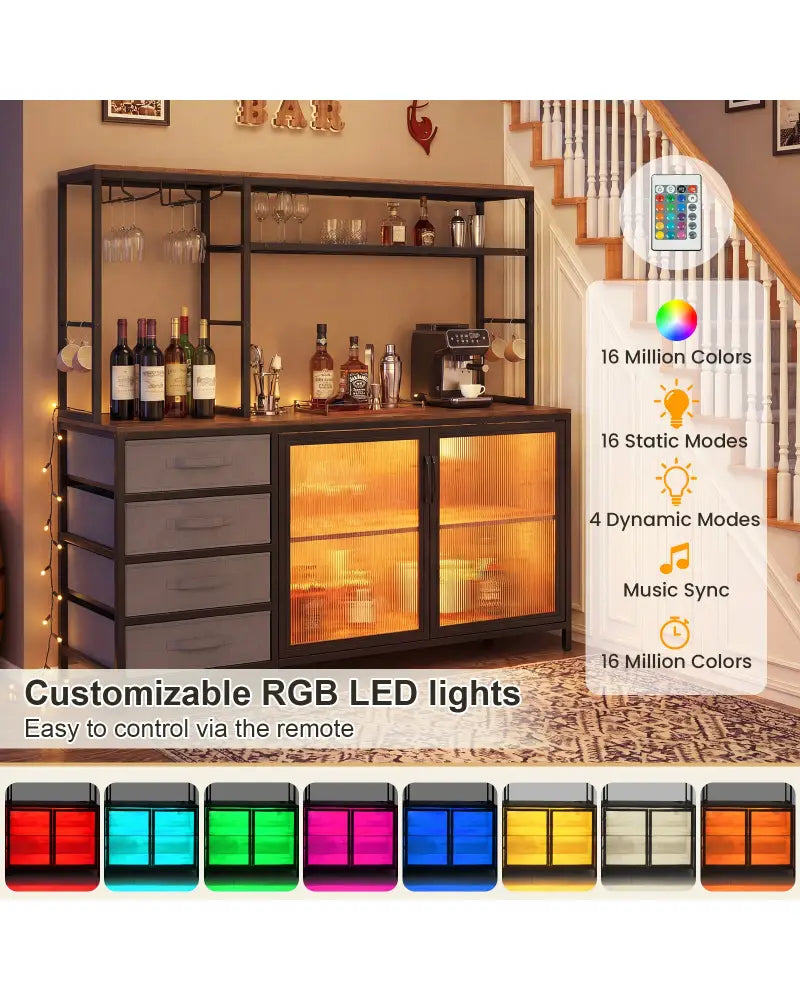 Sideboard Buffet Cabinet with LED Lights 55 inch Coffee Table with Power Outlets-Rustic Brown - Rustic Brown