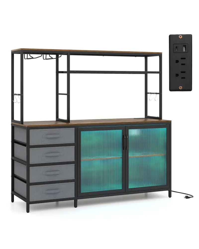 Sideboard Buffet Cabinet with LED Lights 55 inch Coffee Table with Power Outlets-Rustic Brown - Rustic Brown