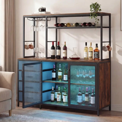 Sideboard Buffet Cabinet with LED Lights 55 inch Coffee Table with Power Outlets-Rustic Brown - Rustic Brown