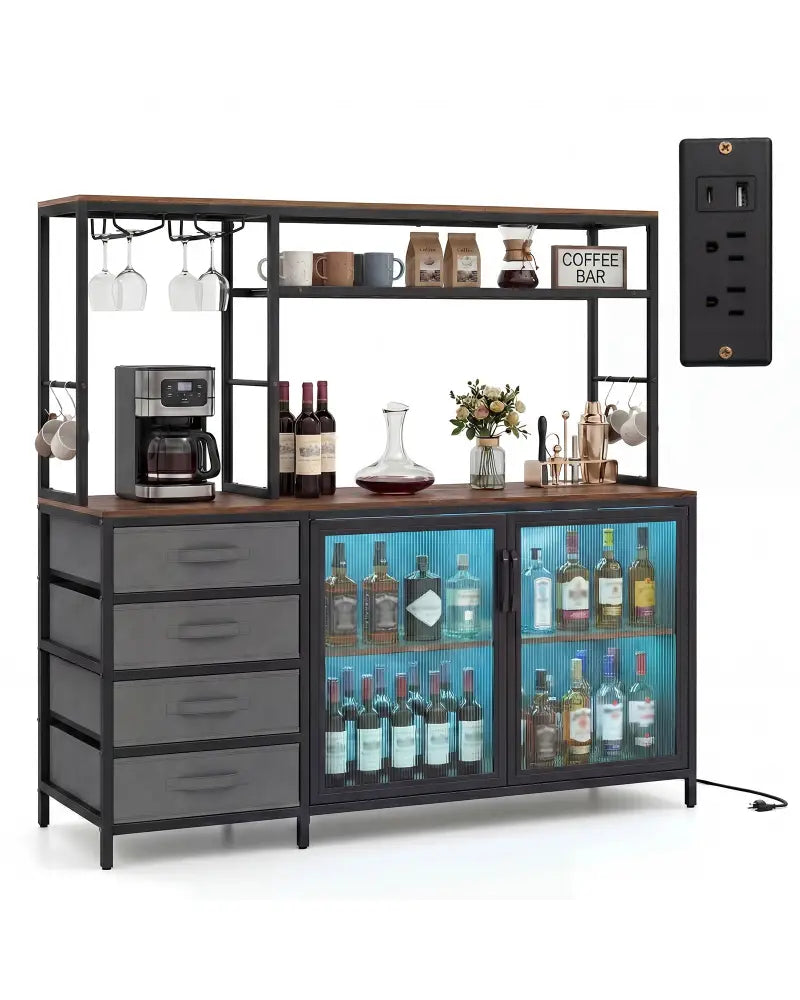 Sideboard Buffet Cabinet with LED Lights 55 inch Coffee Table with Power Outlets-Rustic Brown - Rustic Brown