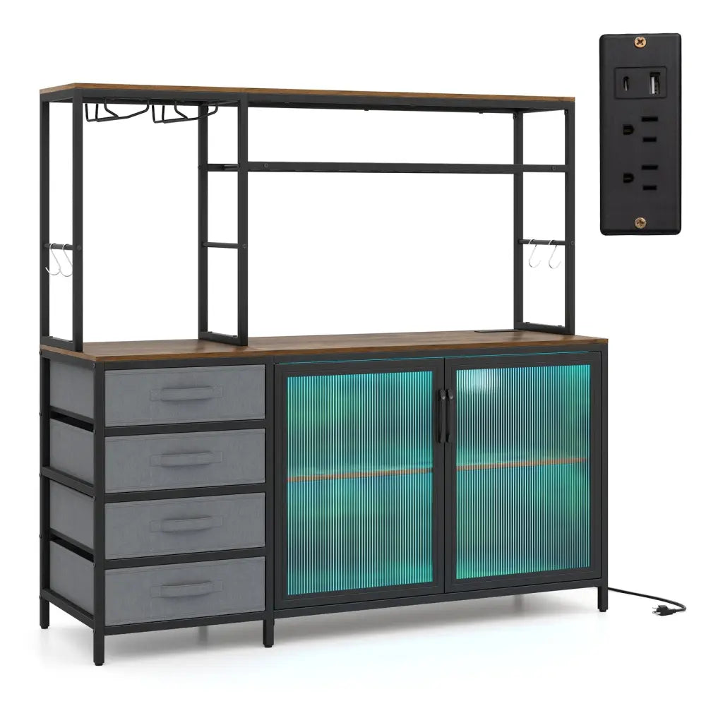 Sideboard Buffet Cabinet with LED Lights 55 inch Coffee Table with Power Outlets-Rustic Brown - Rustic Brown