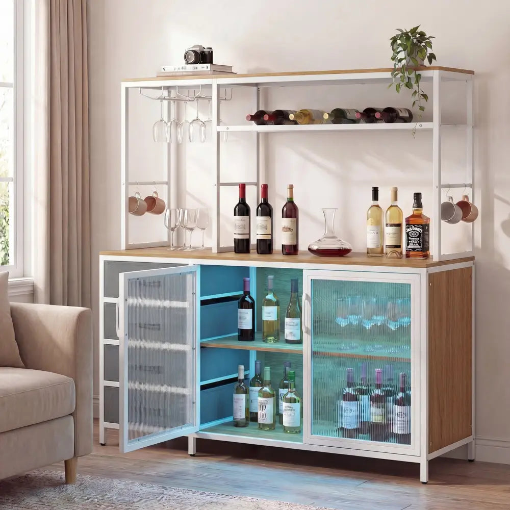 Sideboard Buffet Cabinet with LED Lights 55 inch Coffee Table with Power Outlets-Natural - Natural - Sideboards