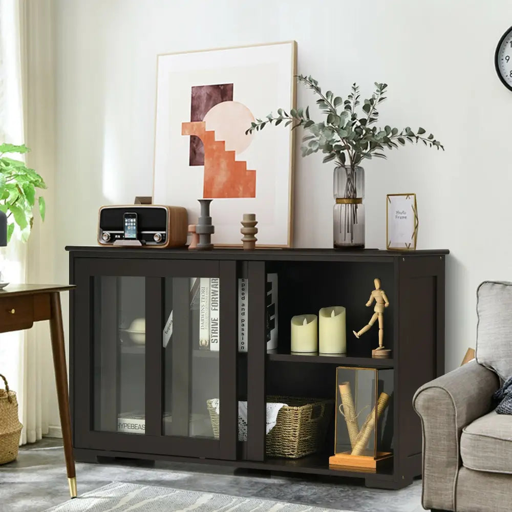 Sideboard Buffet Cupboard Storage Cabinet with Sliding Door-Brown - Brown - Sideboards Cabinets & Buffets