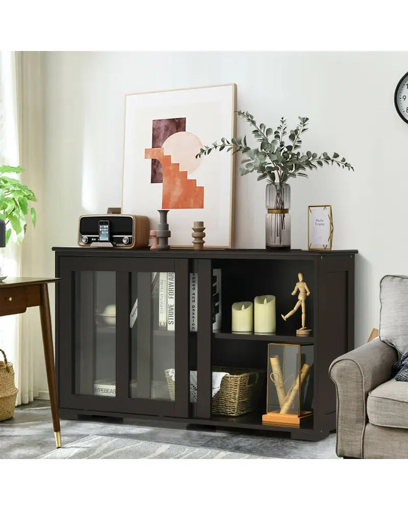 Sideboard Buffet Cupboard Storage Cabinet with Sliding Door-Brown - Brown - Sideboards Cabinets & Buffets