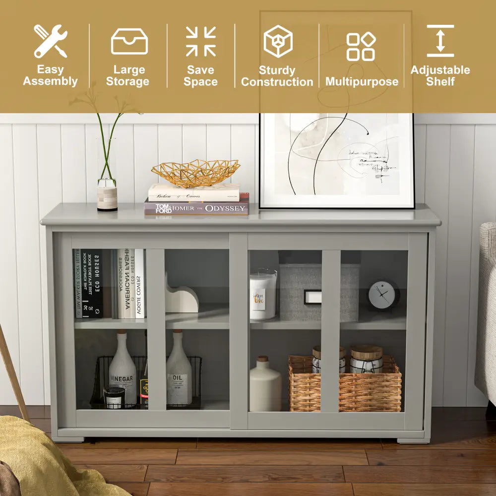 Sideboard Buffet Cupboard Storage Cabinet with Sliding Door-Gray - Gray - Sideboards Cabinets & Buffets