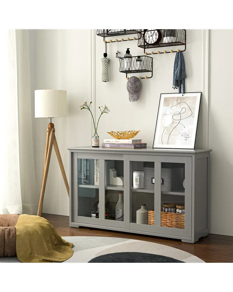 Sideboard Buffet Cupboard Storage Cabinet with Sliding Door-Gray - Gray - Sideboards Cabinets & Buffets