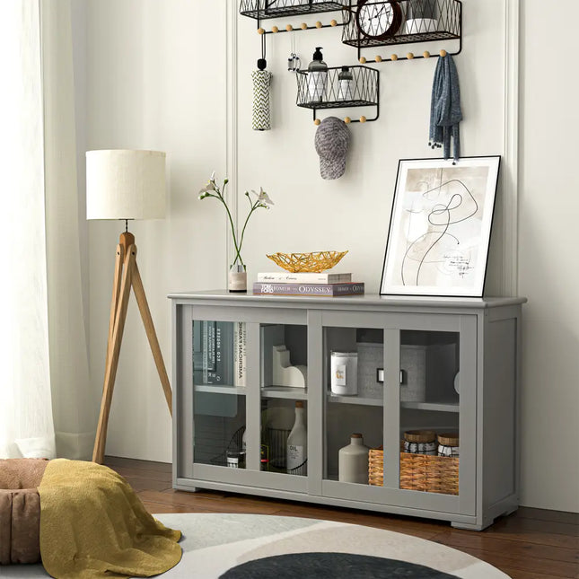 Sideboard Buffet Cupboard Storage Cabinet with Sliding Door-Gray - Gray - Sideboards Cabinets & Buffets