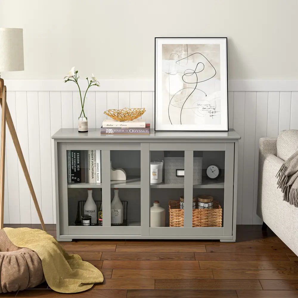 Sideboard Buffet Cupboard Storage Cabinet with Sliding Door-Gray - Gray - Sideboards Cabinets & Buffets