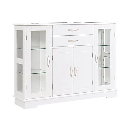Sideboard Buffet Server Storage Cabinet with 2 Drawers and Glass Doors-White - White - Sideboards Cabinets & Buffets