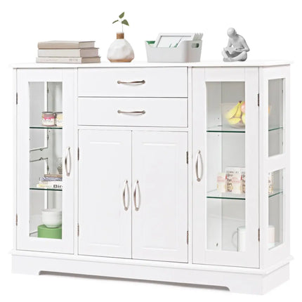 Sideboard Buffet Server Storage Cabinet with 2 Drawers and Glass Doors-White - White - Sideboards Cabinets & Buffets