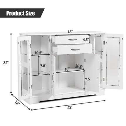 Sideboard Buffet Server Storage Cabinet with 2 Drawers and Glass Doors-White - White - Sideboards Cabinets & Buffets