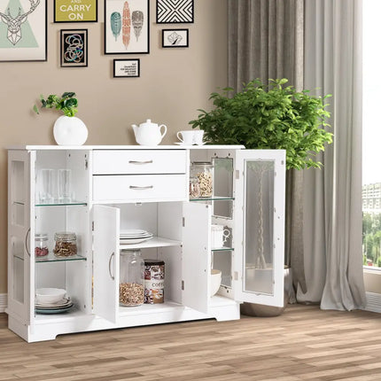 Sideboard Buffet Server Storage Cabinet with 2 Drawers and Glass Doors-White - White - Sideboards Cabinets & Buffets