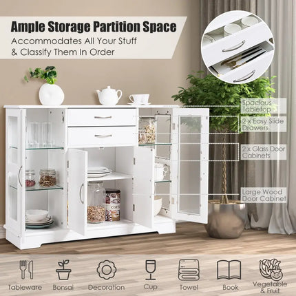 Sideboard Buffet Server Storage Cabinet with 2 Drawers and Glass Doors-White - White - Sideboards Cabinets & Buffets