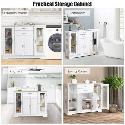 Sideboard Buffet Server Storage Cabinet with 2 Drawers and Glass Doors-White - White - Sideboards Cabinets & Buffets