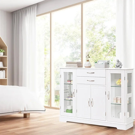 Sideboard Buffet Server Storage Cabinet with 2 Drawers and Glass Doors-White - White - Sideboards Cabinets & Buffets