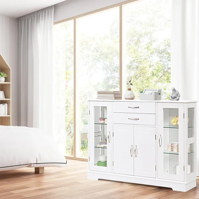 Sideboard Buffet Server Storage Cabinet with 2 Drawers and Glass Doors-White - White - Sideboards Cabinets & Buffets