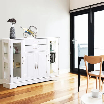Sideboard Buffet Server Storage Cabinet with 2 Drawers and Glass Doors-White - White - Sideboards Cabinets & Buffets