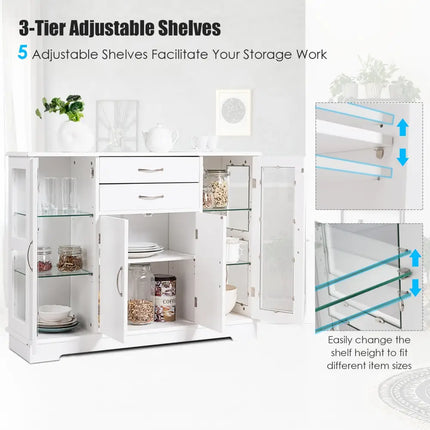 Sideboard Buffet Server Storage Cabinet with 2 Drawers and Glass Doors-White - White - Sideboards Cabinets & Buffets