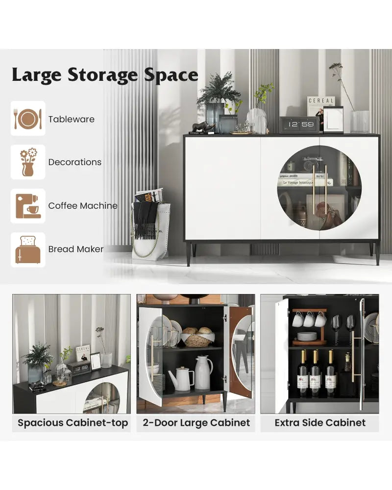 Sideboard Cabinet with Tempered Glass Door for Living Room Dining Room Kitchen-White - White - Sideboards Cabinets &