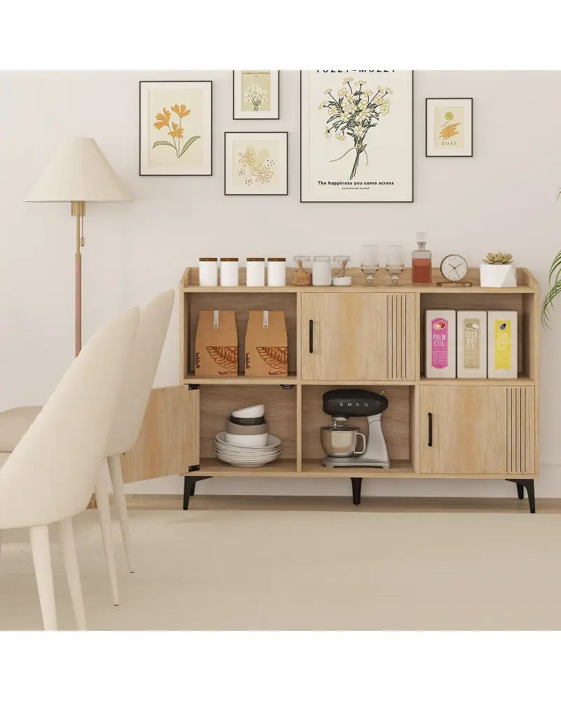 Sideboard Storage Cabinet Bookcase with 3 Doors and Open Compartments-Oak - Oak - Cabinets & Chests