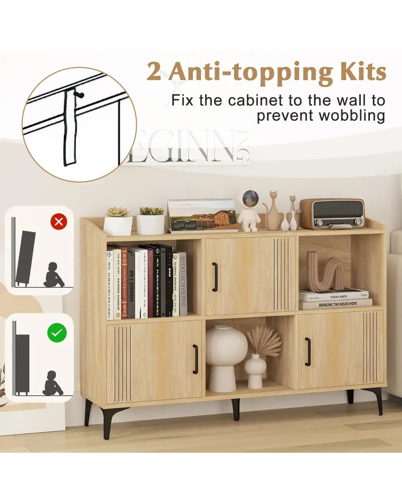 Sideboard Storage Cabinet Bookcase with 3 Doors and Open Compartments-Oak - Oak - Cabinets & Chests
