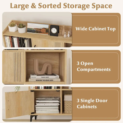 Sideboard Storage Cabinet Bookcase with 3 Doors and Open Compartments-Oak - Oak - Cabinets & Chests