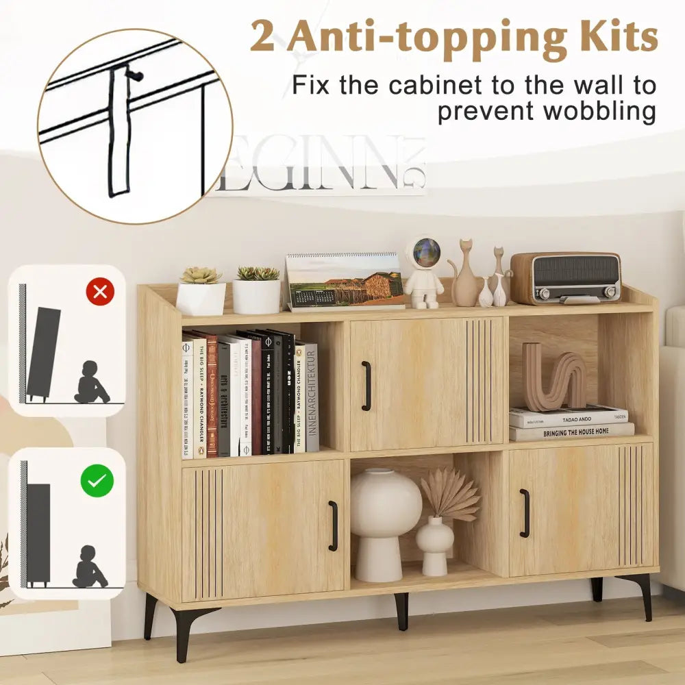 Sideboard Storage Cabinet Bookcase with 3 Doors and Open Compartments-Oak - Oak - Cabinets & Chests