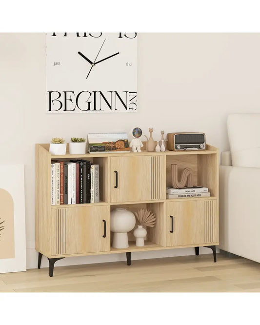 Sideboard Storage Cabinet Bookcase with 3 Doors and Open Compartments-Oak - Oak - Cabinets & Chests