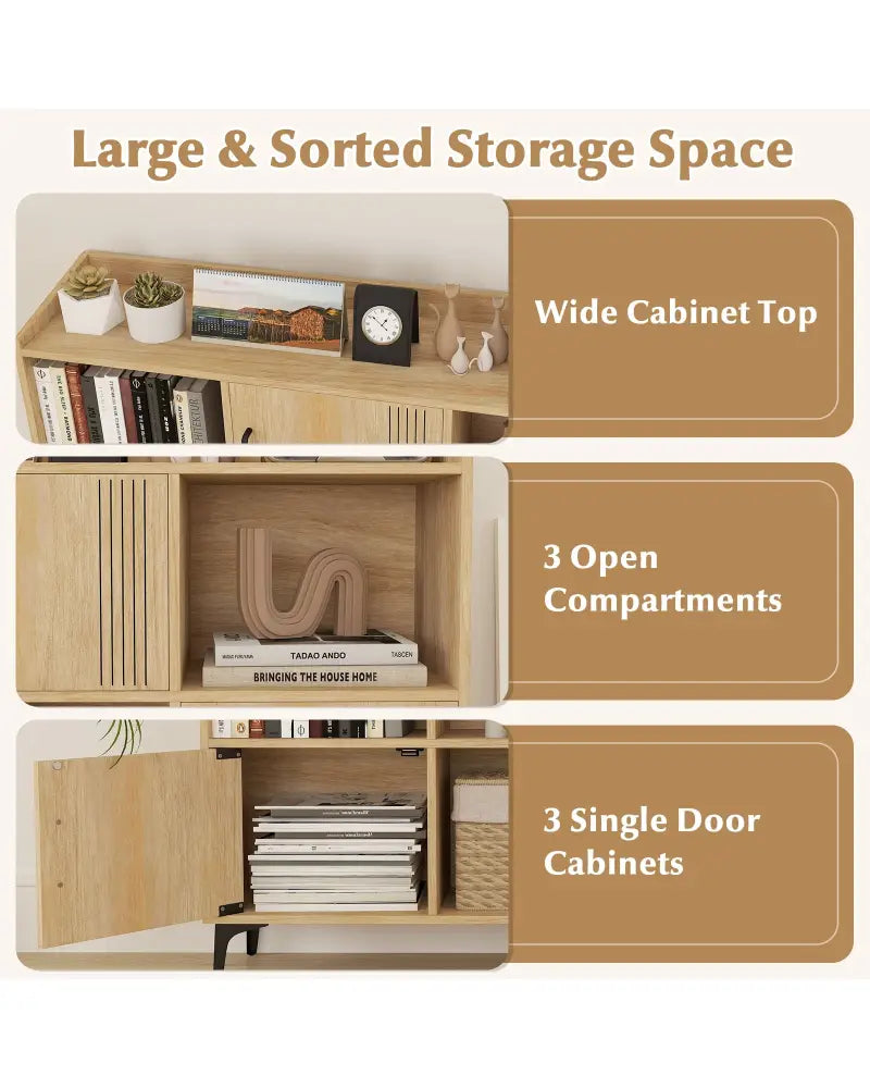 Sideboard Storage Cabinet Bookcase with 3 Doors and Open Compartments-Oak - Oak - Cabinets & Chests