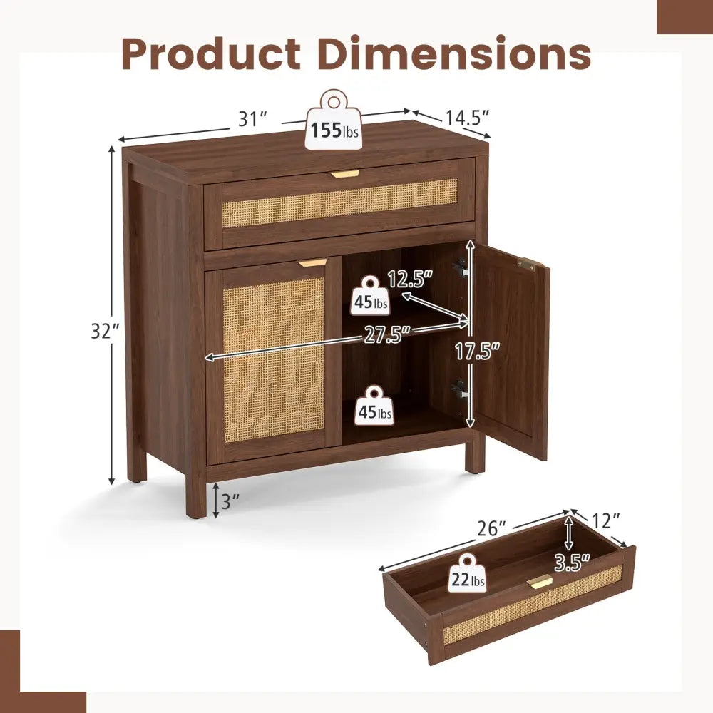 Sideboard Storage Cabinet with Rattan Doors and Drawer-Brown - Brown - Sideboards Cabinets & Buffets