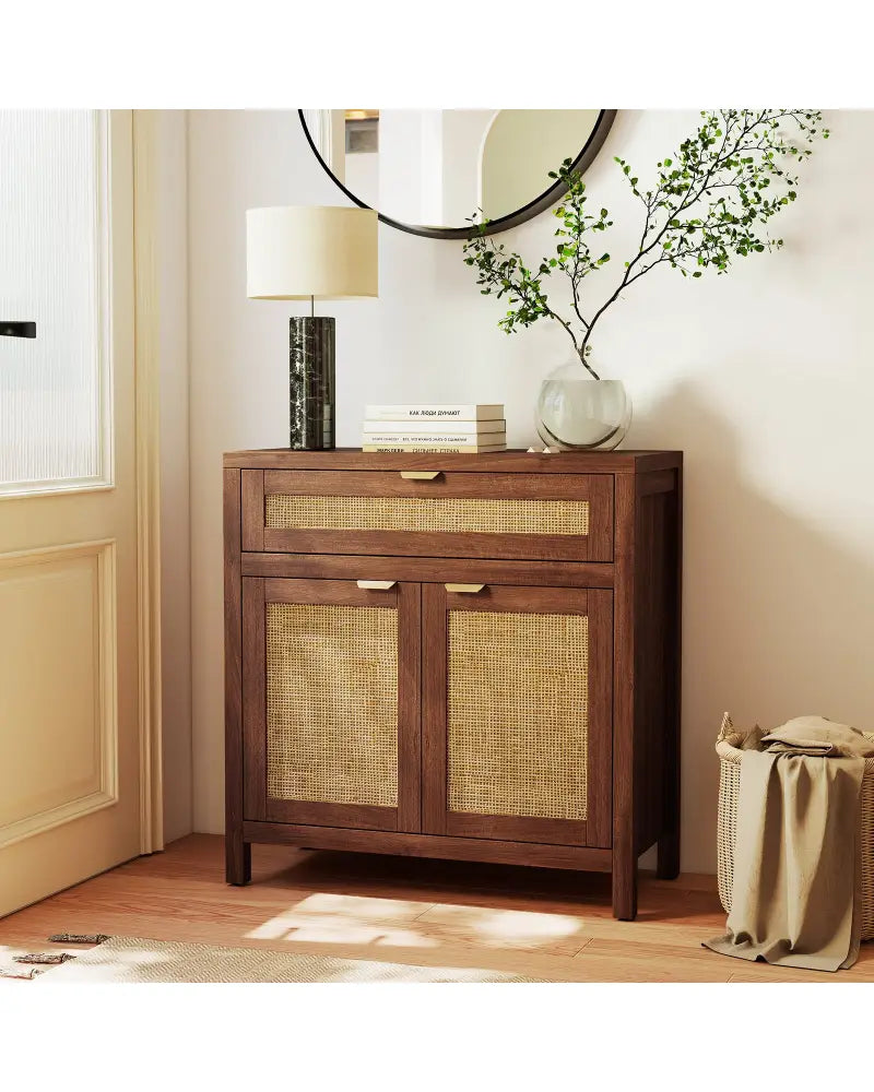 Sideboard Storage Cabinet with Rattan Doors and Drawer-Brown - Brown - Sideboards Cabinets & Buffets
