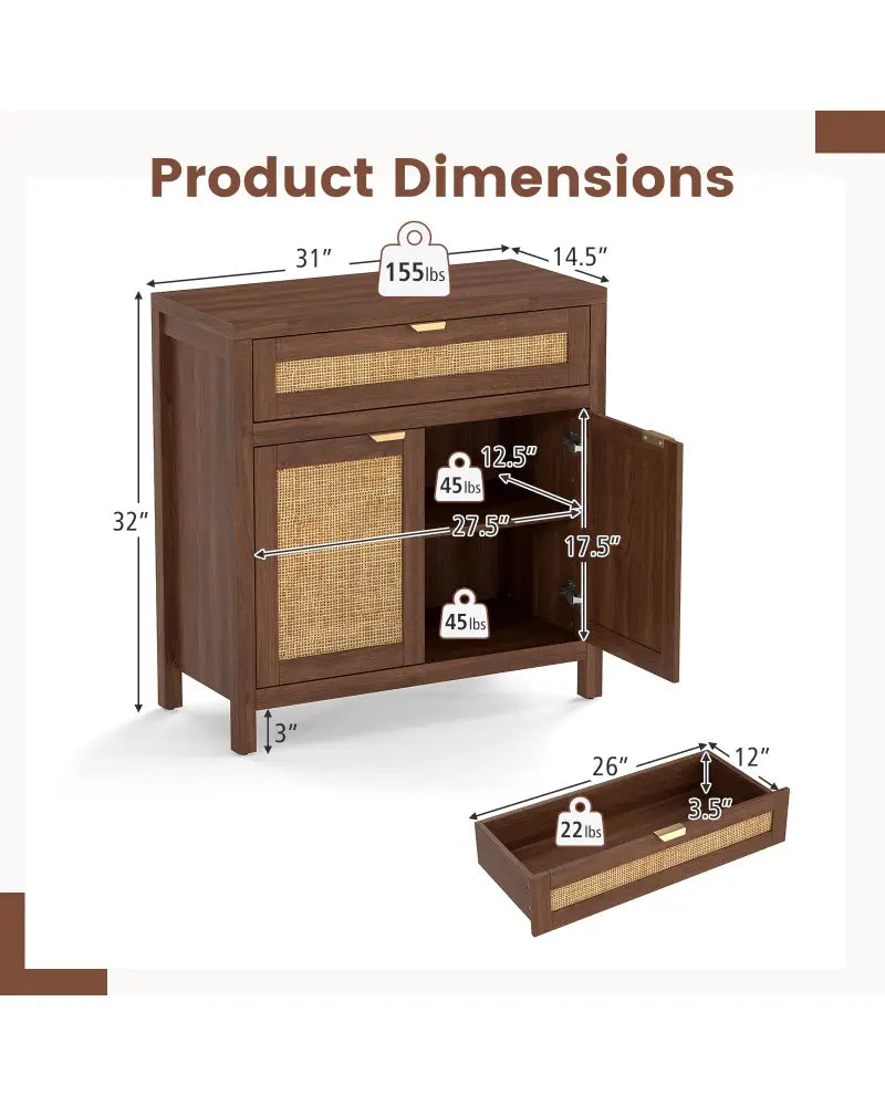 Sideboard Storage Cabinet with Rattan Doors and Drawer-Brown - Brown - Sideboards Cabinets & Buffets