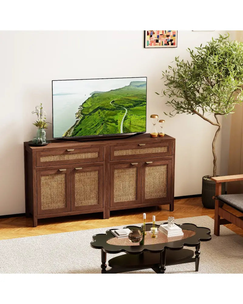 Sideboard Storage Cabinet with Rattan Doors and Drawer-Brown - Brown - Sideboards Cabinets & Buffets