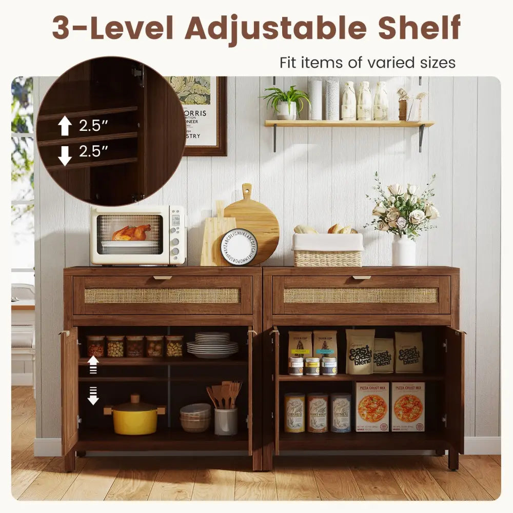 Sideboard Storage Cabinet with Rattan Doors and Drawer-Brown - Brown - Sideboards Cabinets & Buffets